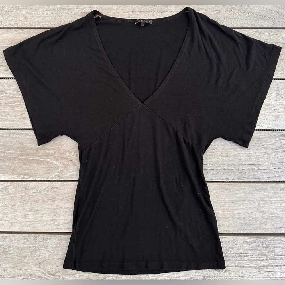 LADIES Theory Vintage Black Stretch Fitted Short Sleeve Blouse Shirt - Petite - Picture 2 of 11